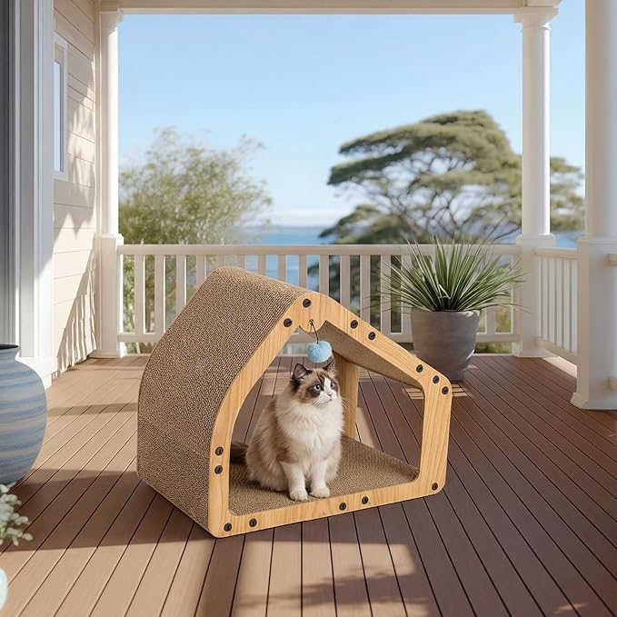 ZOMISIA 20'' Cardboard Cat Scratcher House - Large Cat Scratching Board with Balls, Cat Lounger as Tunnel for Indoor Cats and Kittens, Safe & Secure, Brown