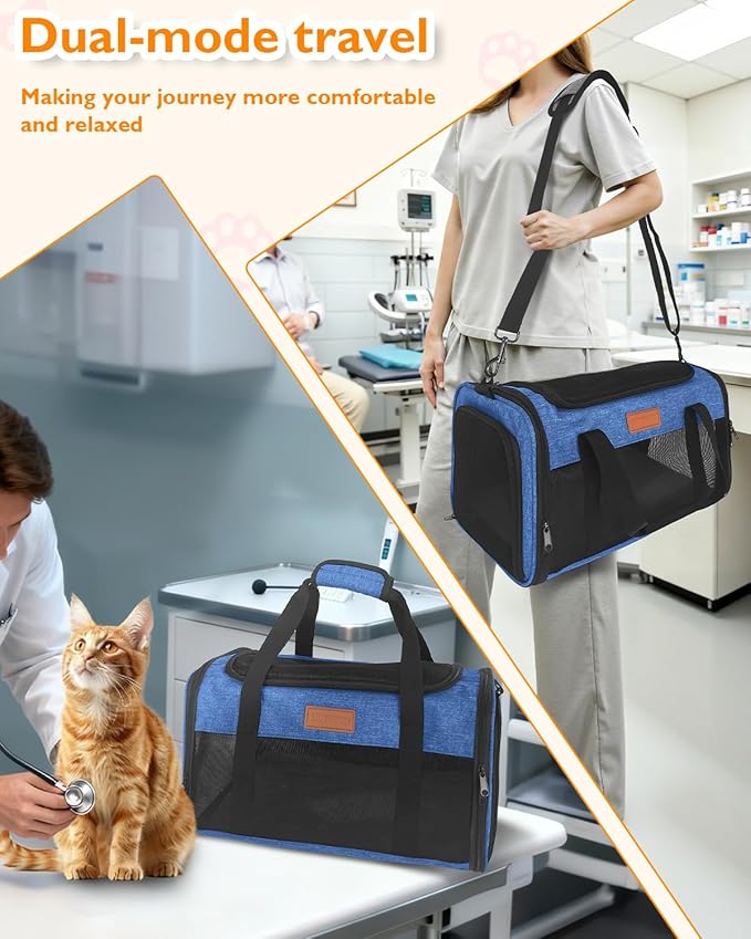 PETUX Airline Approved Pet Carrier - 17x11x9.5 in, Underseat, Top & Side Entry, Soft Sided Cat Carrier for Small Cat Up to 12 lbs with Breathable Anti-Scratch Mesh for Travel & Vet - Blue