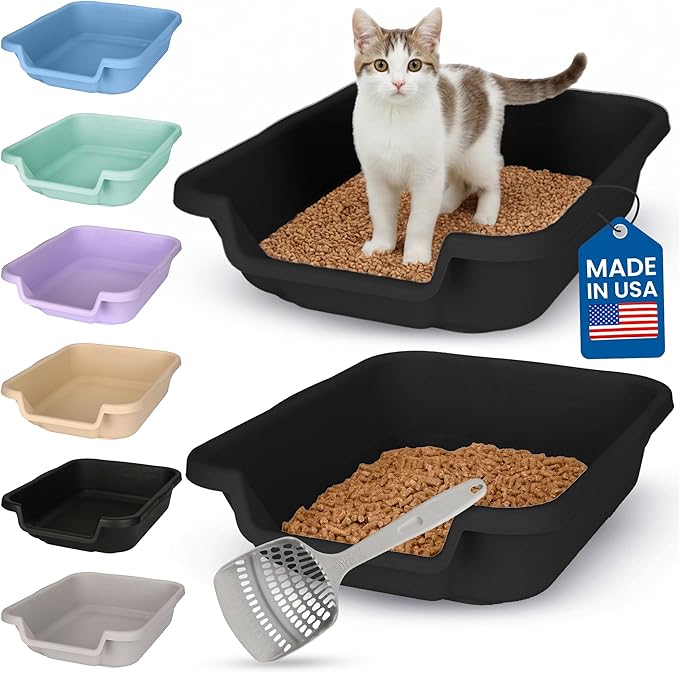 KittyGoHere Senior Cat Litter Box, Small Litter pan with Long-Handle Jumbo Scoop, Open Top Low Entrance Kitty Litters Box, Lightweight Low Entry Litter Box, Durable, Made in USA (2 Pack - Black)