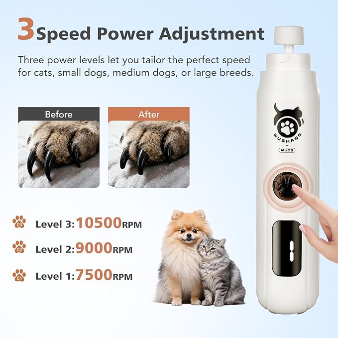 LINFOX Dog Nail Grinder 3-Speed Low Vibration Quiet Electric Pet Nail Trimmer with Digital Display, Rechargeable USB-C Cat & Dog Nail File for Small Medium Large Pets