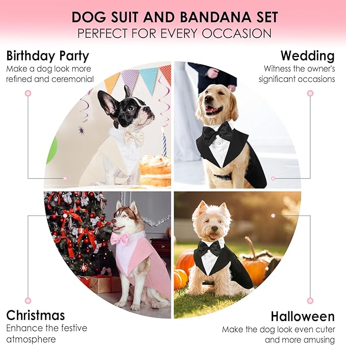 AOFITEE Dog Tuxedo Formal Dog Suit and Bandana Set, Gentle Dogs Wedding Party Suit Bow Tie Shirt, Tuxedo for Medium Dogs Costume Outfit with Detachable Bowtie Collar for Christmas Halloween Dress Up