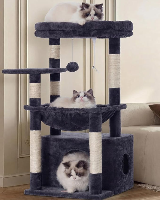 Heybly Cat Tree, Kitten Tower with Large Soft Cat Basket,Cat Condo with Spacious Cat Bed Cave with Hidden Space，Sisal-Covered Scratching Posts,Dangling Ball for Indoor Cats, Smoky Gray HCT008SG