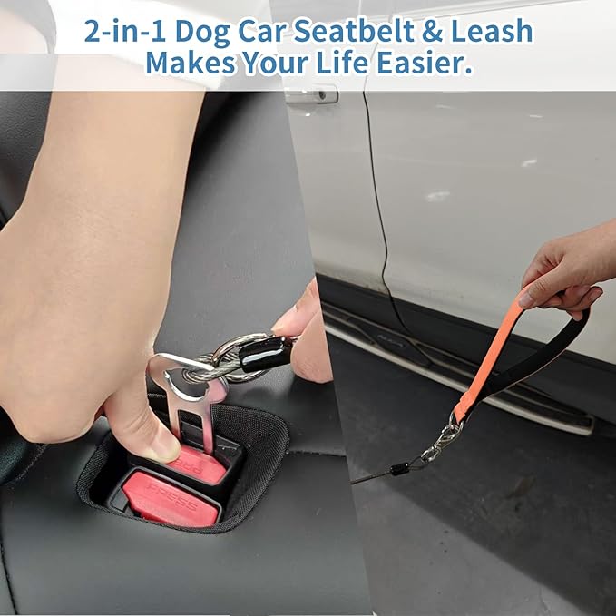 2-in-1 Dog Seat Belt for Car, Chew Proof Pet Safety Belt for Dog, Heavy Duty Dog Car Harness Restraint, Waterproof Coated Steel Wire Dog Leash (Black*2, 24inch/60 CM)
