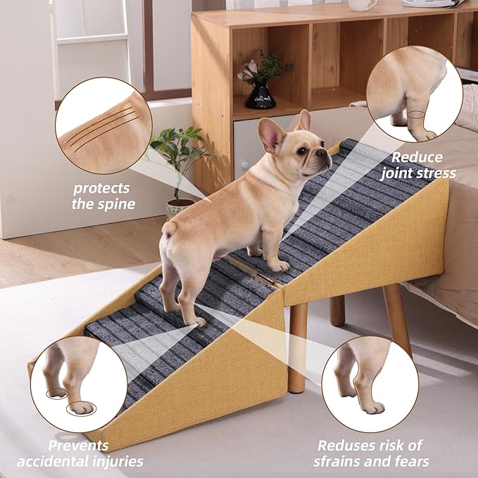 21.06”H Dog Stairs for High Bed, 6-Step Pet Stairs with Split Ottoman Design - Tall Dog Steps Convertible to Bedside Table Nightstand, Large Non-Slip Stairs for Big Medium Dogs to Bed(Yellow)
