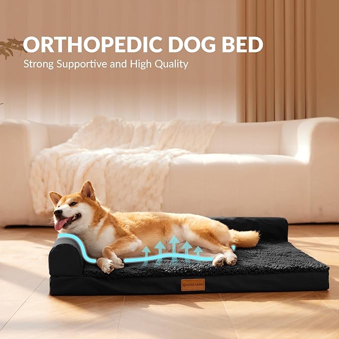 Patas Lague Orthopedic Dog Bed Medium Size Dog 30''X20'', Waterproof L Bolster Medium Pet Sofa Beds with Removable Washable Cover, Soft Comfortable Pet Couch Crate Mat with Nonskid Bottom, Black