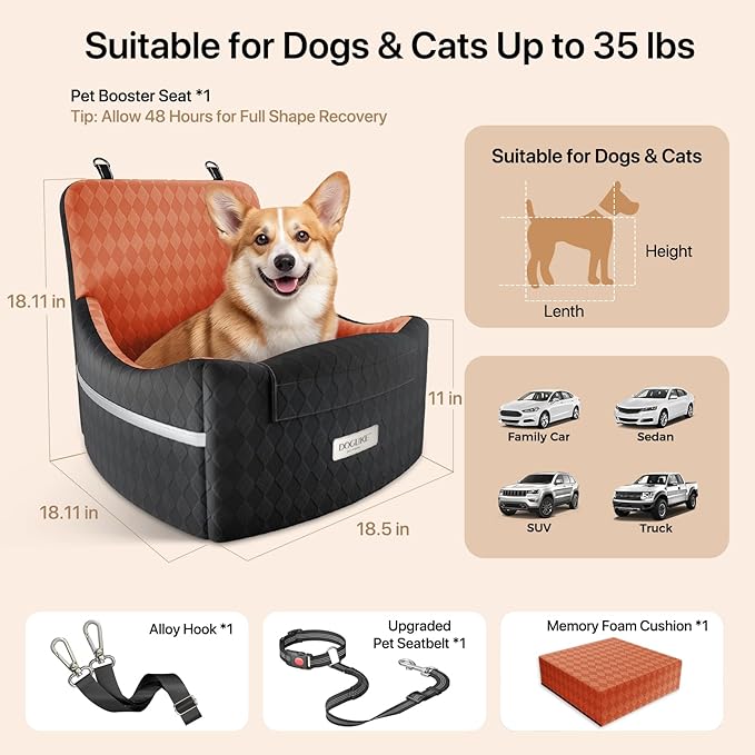 Doglike Dog Car Seat for Small Dogs [2026 Ultimate Comfort & Safety], 5" Memory Foam Pet Booster Seats Up to 35 lbs with Detachable Washable Cover, Travel-Safe Car Bed with Puppy Safety Belt, Brown