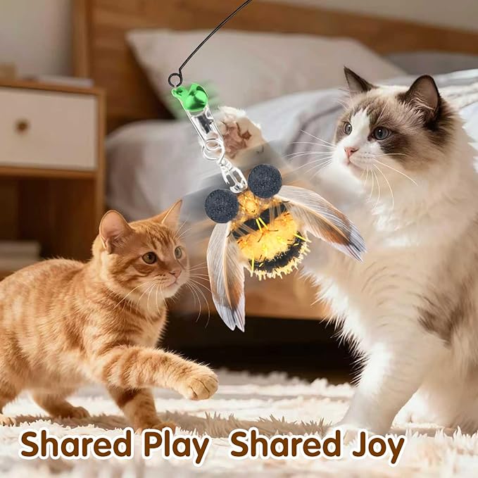 Walfront Cat Toys for Indoor Cats— Realistic Insect Wand with Replaceable Bee & Fly Heads, Flexible Steel Rod, Indoor Cat Toy for Kittens & Adult Cats, Boredom Relief & Bonding Play