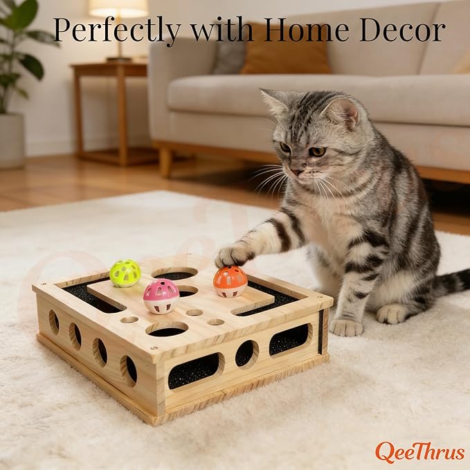 Cat Nail File Scratcher Puzzle Box, Wooden Claw Saver Maze with Built-in Sandpaper for Clipper-Free Claw Care, Treat Enrichment Toy for Indoor Cats