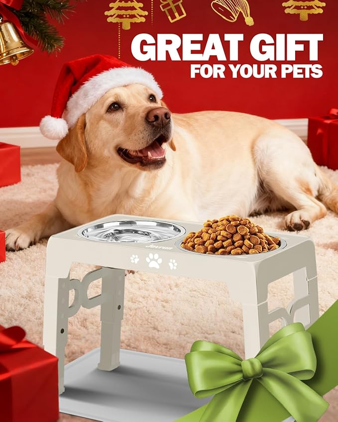 Jovrun Elevated Dog Bowls for Medium Large Dogs with Mat, Non-Slip Dog Feeder with 1*Stainless Steel Dishes & 1*Slow Feeder Bowl, 5 Heights Adjustable Raised Bowls for 3.15″-8.66″-9.84″-11.02″-12.2″