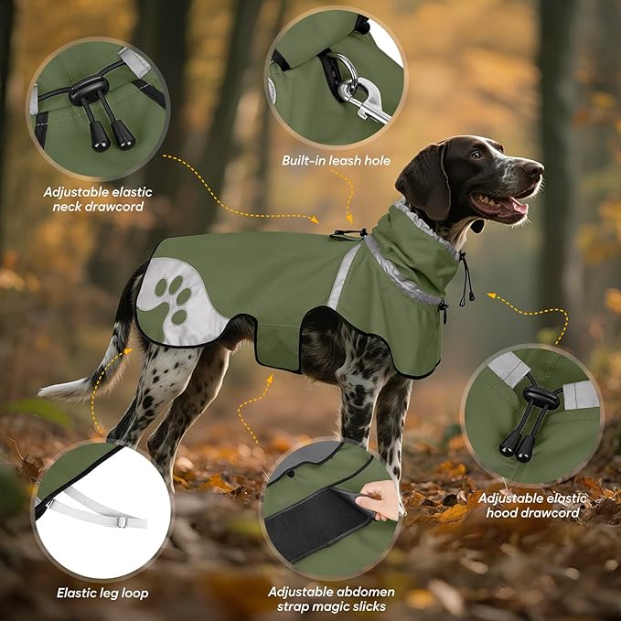 Dog Raincoat for Large Dogs, Adjustable Rain Jacket for Dogs, Waterproof Slicker Jacket for Adventures, Walking, Hunting（L,Dark Green）