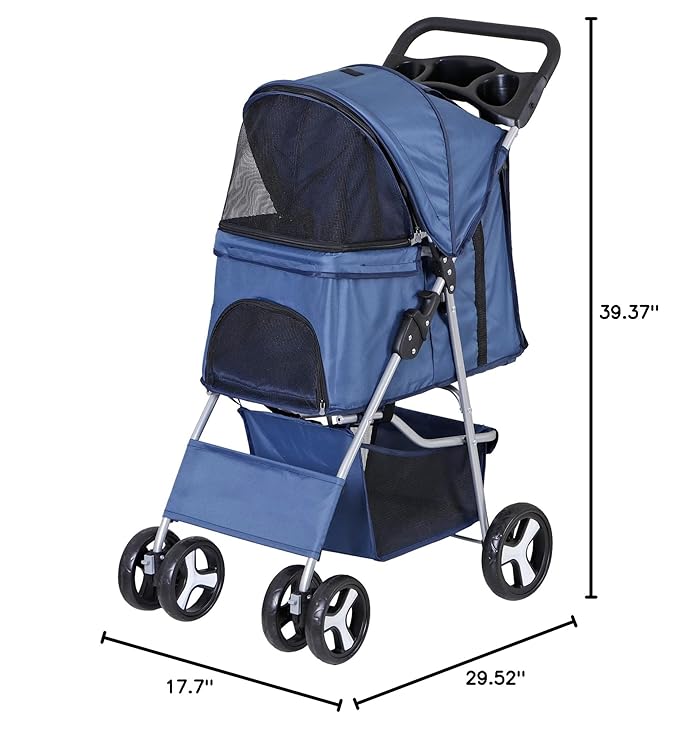 Pet Stroller 4 Wheels Dog Cat Stroller for Small Medium Dog Cats Carrier Jogger Travel Foldable Puppy with Storage Basket and Cup Holder (Navy Blue)