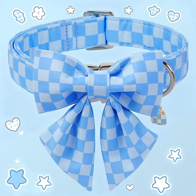 DOGWONG Blue Plaid Dog Collar with Bow - Adjustable and Comfortable Autumn Dog Collar Blue Checked Necklace for Large Medium Small Pet,L