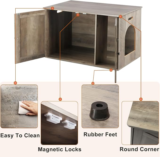 Timberer Cat Litter Box Enclosure, Litter Box Furniture Hidden with Removable Divider, Wooden Cat Washroom Furniture, Greige