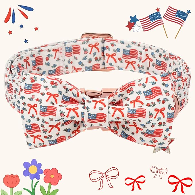 DOGWONG American Flag Dog Collar with Bow - Adjustable and Comfortable 4th of July Dog Collar Patriotic Necklace for Large Medium Small Pet,M