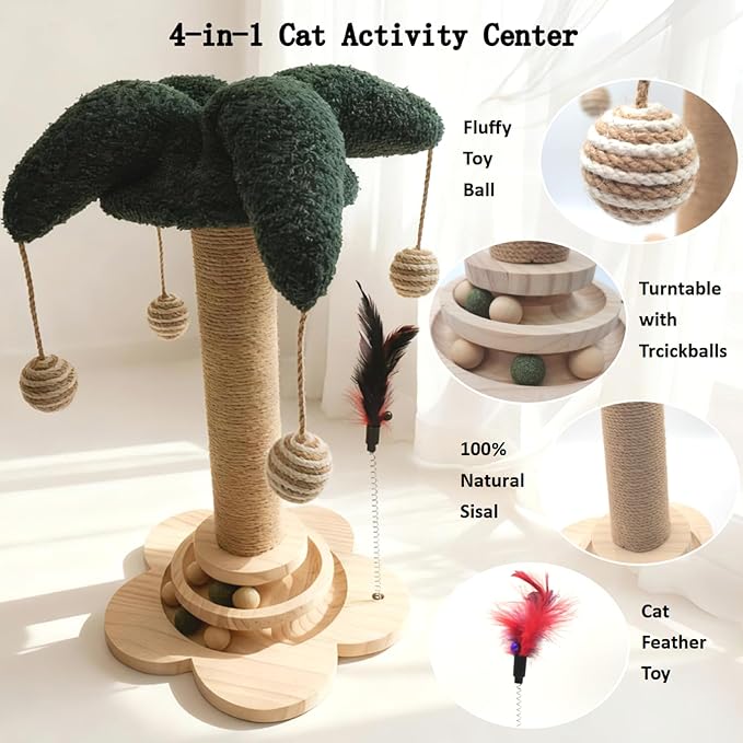 Cat Scratching Post, Sisal Cat Scratcher Posts with Interactive Trackball Toys for Indoor Cats, 19.6" Tall Scratch Tree Tower for Kitten, Flower Base