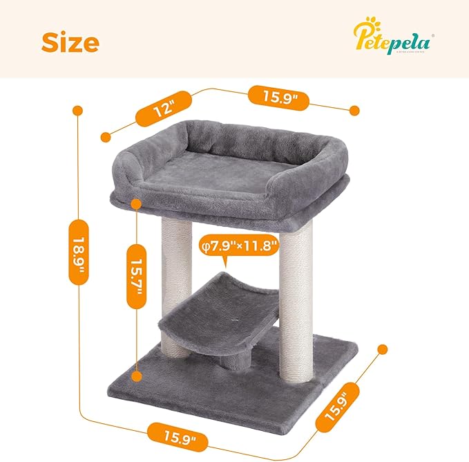 PETEPELA 19" Scratching Post, Cat Tree Tower, 100% Natural Sisal Scratcher with Large Plush Top Perch Bed, Cozy Platform for Kittens and Cats