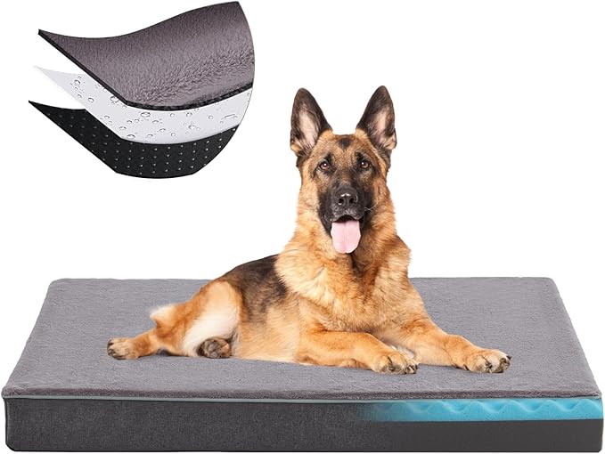 Orthopedic Memory Foam Dog Bed for Large Dogs, Cooling Gel Dog Crate Mat with Removable Washable Cover & Non-Slip Bottom, Ideal for Arthritic Dogs Up to 110Lb (Grey, XX-Large: 50" x 34" x 5")