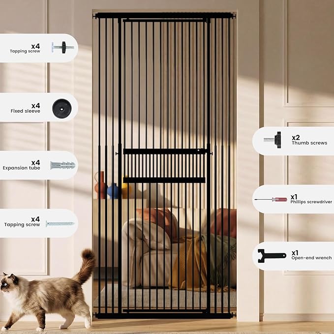 Gardner Pet Extra Tall Cat Gate 49"-86" Adjustable Height, Tall Pet Gate for Doorways/Hallways with 27.5"-37" Adjustable Width Baby Gate with 4 Extensions Kits, No Drilling Pressured Mounted (Black)