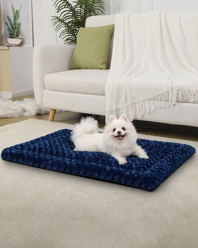 Washable Dog Bed Reversible Dog Beds for Crate Soft Fluffy Kennel Pad Anti-Slip Pet Sleeping Mat for Large Jumbo Medium Small Dogs (Blue, 30.00" x 19.00" x 1.50")