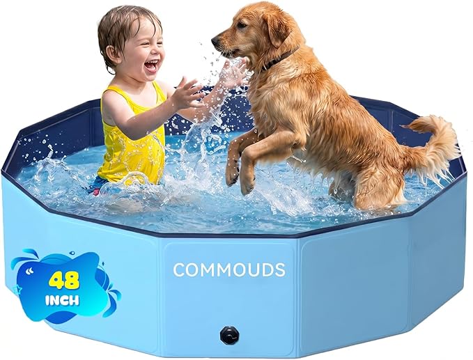 COMMOUDS Foldable Dog Pool, Hard Plastic Dog Kiddie Swimming Pool, Collapsible Pet Bath Tub Wading Pools for Kids and Puppy Small Medium Large Dogs (48inch.D x 12inch.H)