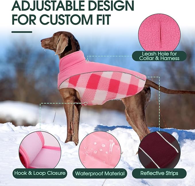 Kuoser Dog Winter Coat, Reversible Waterproof Dog Jacket with Reflective Strip, Warm Dogs Fleece Vest Adjustable Doggy Cold Weather Clothes Plaid Christmas Outfit Pet Apparel for Small Dogs, Pink XS
