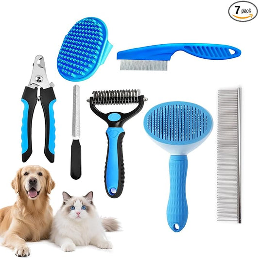 7PCS Dog Grooming Brush Kit for Shedding and Matted Fur, Self-Cleaning Slicker Brush with Undercoat Rake, Flea Comb for Long-Haired Pets, Blue