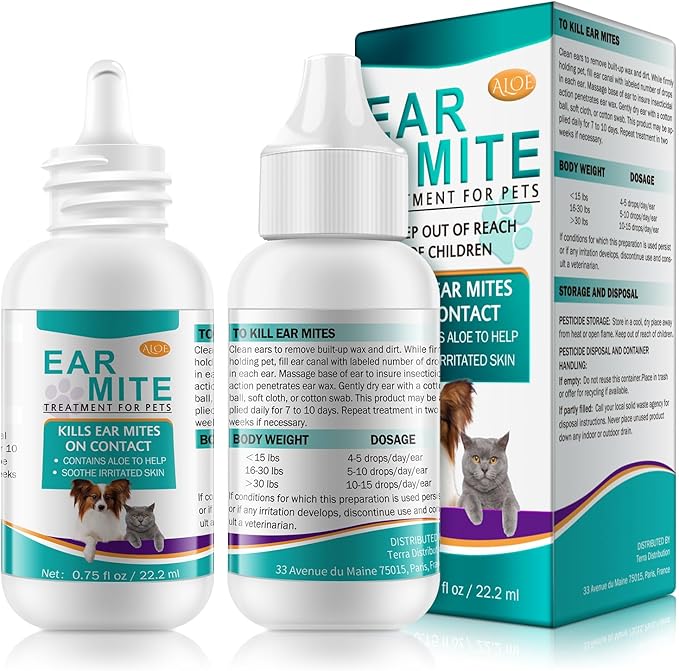Ear Mites Treatment for Dogs & Cats - Cat Ear Mite Treatment with Aloe Vera, Kills on Contact & Soothes Itching, Vet-Recommended Formula for Pets Ear Cleaning, Fast-Acting 0.75oz Bottle