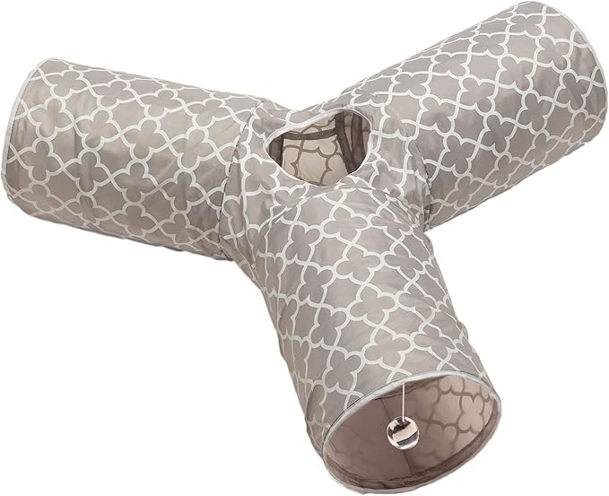 Cat Tunnel - Collapsible 3 Way Quatrefoil Play Toy - Tube Fun for Rabbits, Kittens, and Dogs - Quatrefoil Gray/White