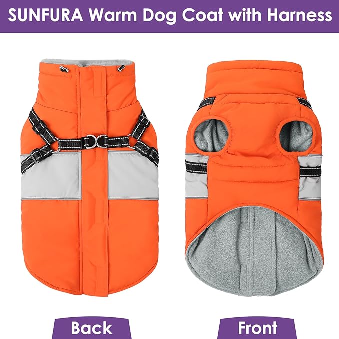 Small Dog Coat with Harness Built in, Warm Dog Jacket Winter with Zipper On Back, Waterproof Pet Snow Jacket Snowsuit Pet Sweater Clothes for Puppy, Orange XS
