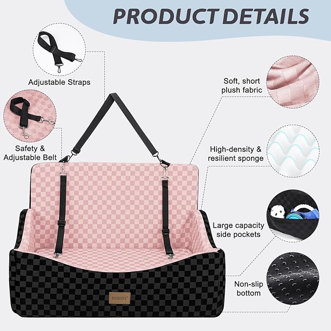 JOEJOY Dog Car Seat for Medium/Large Dogs - Reversible Dual-Sided Travel Dog Car Bed with Memory Foam, Washable Pet Booster Seat for Do gs up to 55 lbs or 2 Small Dogs, 2 Safety Leashes, Pink