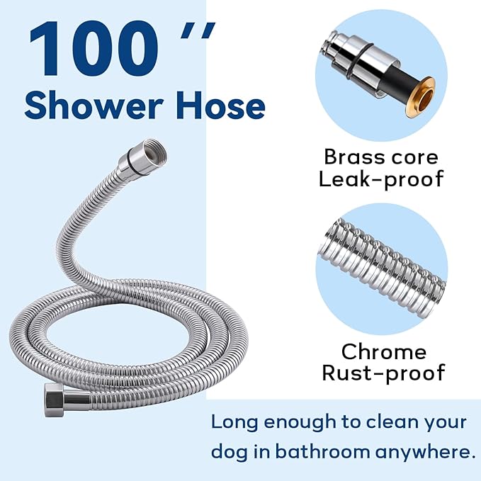 Dog Shower Attachment, 3 Mode Handheld Sprayer with ON/OFF Switch, G1/2" 3-Way metal Diverter, 100 Inches Stainless Steel Hose, No Drill Holder, for Pet and Dog Washing in Bathroom