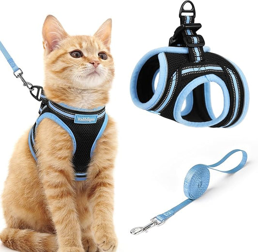 rabbitgoo Cat Harness and Leash, Step-in Escape Proof Kitten Harness Set, Soft Comfortable Cat Vest, Easy to Wear and Adjust, Reflective for Safe Outdoor Walking, Black&Light Blue, Medium