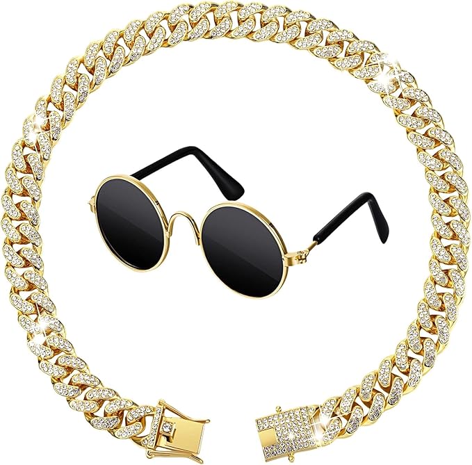 Dog Sunglasses with Rhinestone Chain Necklace, Cool Glasses Dog Collar Necklace for Cats Dogs Dolll, Golden Sunglasses Gold Chain Funny Costumes for Small Pet Holiday Party Costume