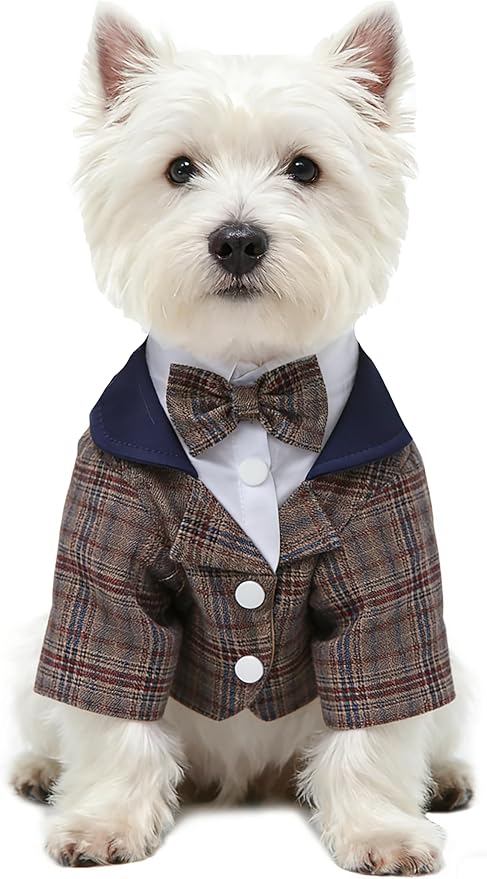 GabeFish Pets Wedding Jackets Suit for Dogs with Bow Tie Puppy Cat Formal Clothes Shirt Tuxedo (Brown, XL (Chest 18.8in/48cm))