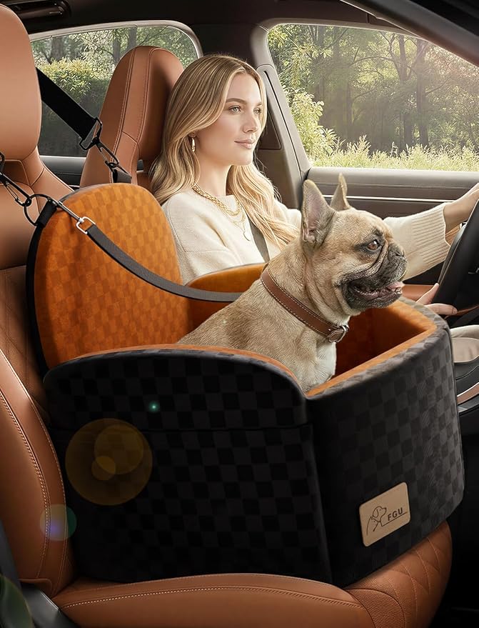 Dog Car Seat for Small/Medium Dogs, Elevated Dog Booster Seat with Memory Foam Cushion for Dogs Under 35lbs, Detachable Washable Pet Car Seats with Storage Pockets & 2 Safety Belts (Brown)
