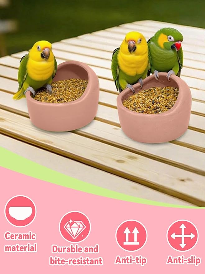 2 Pcs Bird Food Bowl Small Ceramic Bowls for Birds Parakeet Food Bowl Parrot Feeding Cups, Bird Cage Feeder with 2 Plastic Feeding Clips for Parakeets Conure Cockatiels Lovebird Budgie (Pink)
