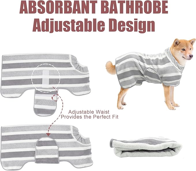 Fast Drying Dog Bath Robe, Super Absorbent Stripes Dogs Towel, Adjustable Warm Keeping Pet Puppy Bath Supplies (Grey, S)