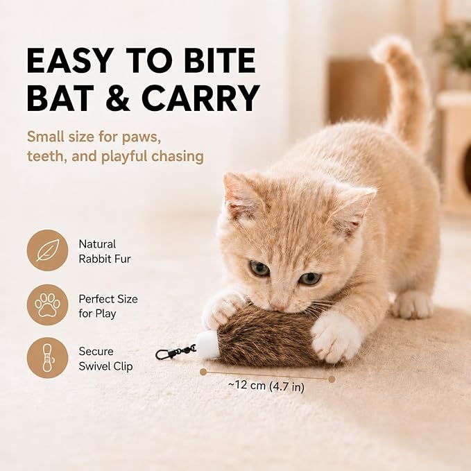 Natural Rabbit Fur Cat Toys Refills, 2 Pcs Silent Interactive Cat Wand Attachments for Indoor Cats, Handmade Fluffy Kitten Teaser Replacement Accessories (Brown)