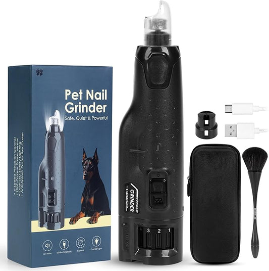 6-Speed Quiet Dog Nail Grinder with LED Light, Low-Vibration Electric Pet Nail Trimmer for Dogs and Cats, Safe Grooming Kit for Beginners, Complete Set with Storage Case