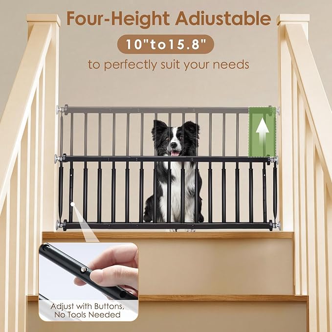 10''-15.8'' Height Adjustable Dog Gate, Extra Wide 18.1"-53" All Metal Short Dog Gate to Step Over, Pressure Mount Small Pet Puppy Gate for Stairs & Doorways(Black)