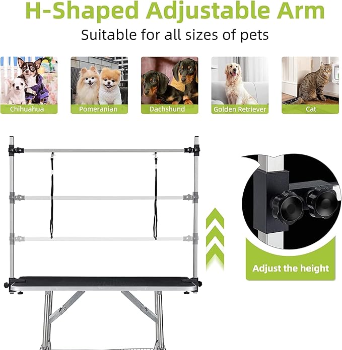 Pet Dog Grooming Table, Foldable Stainless Steel Pet Drying Grooming Table Up to 330lbs, Professional Bathing Desk for Dogs at Home with Adjustable Overhead Arms, Noose, Mesh Tray, 36''/Black