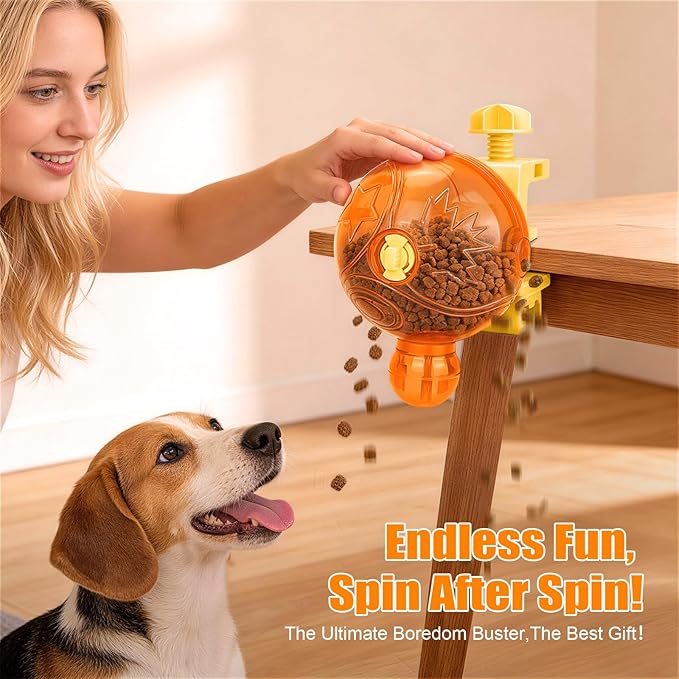 Cat Slow Feeder Puzzle Toy with Clamp Mount, Interactive Spinning Ball Treat Dispenser, Adjustable Feeding Openings for Dry Food, Enrichment Food Dispenser for Indoor/Outdoor, Cats/Small Dogs