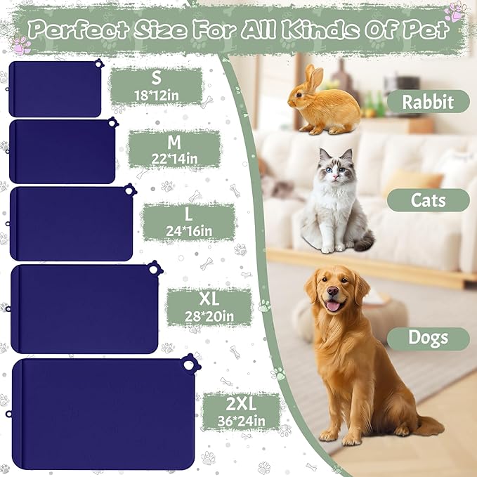 Dog Food Mat, Silicone Dog Mat for Food and Water -Pet Feeding Mats with Residue Collection Pocket, Waterproof Dog Cat Bowl Mats with Raised Edges and Hooks, Placemats for Cats and Dogs Water Bowl