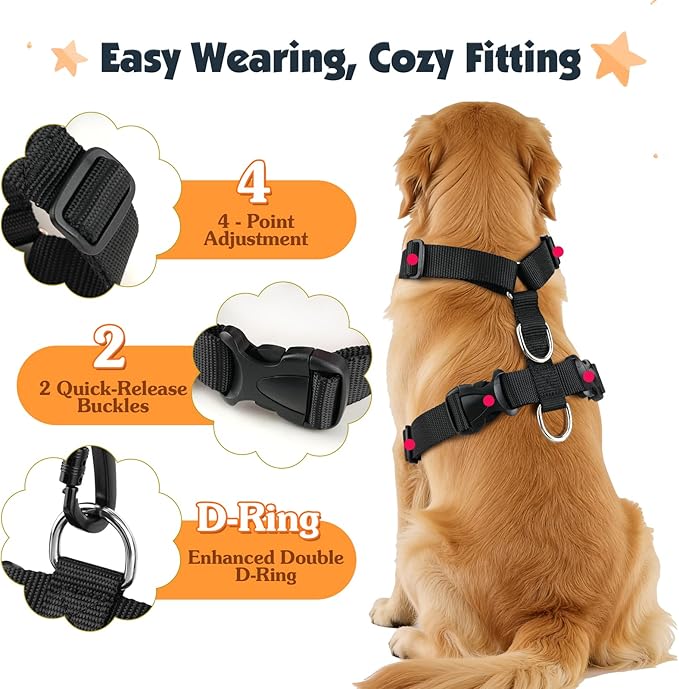 Pawaboo Dog Seat Belt Harness for Car, Dog Car Harness Seatbelt with Double Clips, Adjustable Breathable Pet Vest & Dogs Safety Tether with Elastic Bungee for Small Medium Large Pet, M, Orange/Black