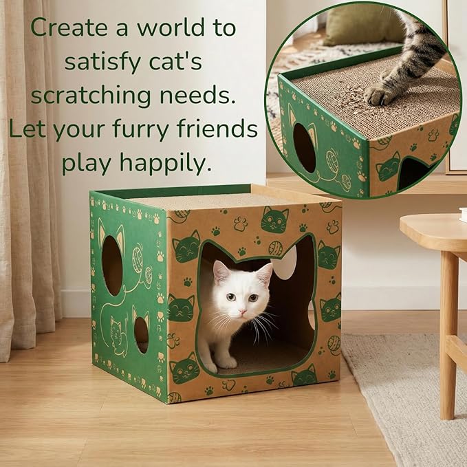 Pumtus 2 Pack Cardboard Cat Houses, Cat Play House with 2 PCS Scratching Pad, Corrugated Kitten Hideaway Cave, Cute Cats Condos Box, Cat Scratching Toy, Scratcher Bed for Indoor Cats, Kittens, Bunny