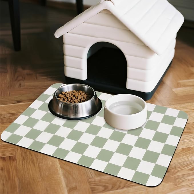 CooRug Checkered Dog Food Mat, Absorbent Leak-Proof Pet Feeding Mat, Quick Dry Cat Food Mat for Messy Drinkers 12" x 20" Green