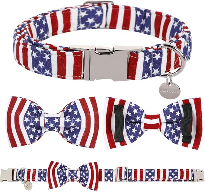 Dog Collar with Bow Tie, 4th of July Comfortable Cotton Dog Collar, American Flag Collar for Small Girl Boy Dog, Patriotic Bowtie Collar with Metal Buckle, S
