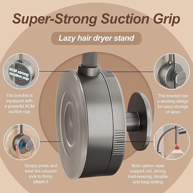 Hair Dryer Stand Hands Free Wall, 360 Adjustable Hose Positionable Arm and strong adhesive Suction Cup Hair dryer storage rack for Ceramic Tile (Grey 1Pack)