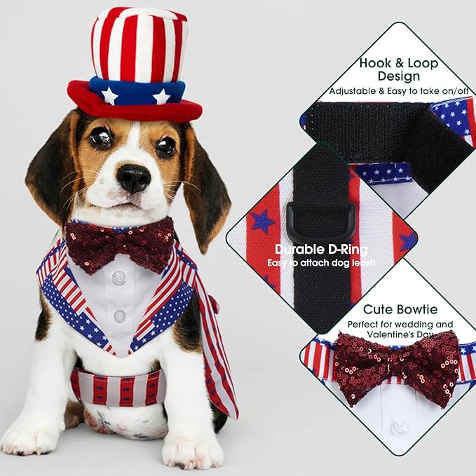 Kuoser Independence Day Dog Tuxedo Dog Suit and Bandana Set, 4Th of July Dog Costume American Flag Dog Outfit with Bow Tie for Large Medium Small Dogs Golden Retriever Samo Bulldogs, S