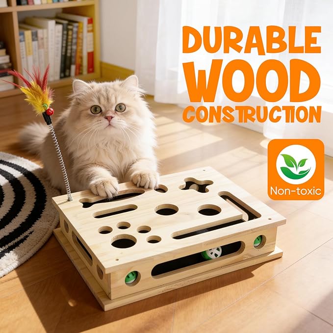 SENNOVI Extra Large Cat Toys for Indoor Cats, Wooden Puzzle Feeder & Scratcher Box, Interactive Enrichment Activity Center with Sandpaper Nail Trimmer, Boredom Buster for Multi Cat Households